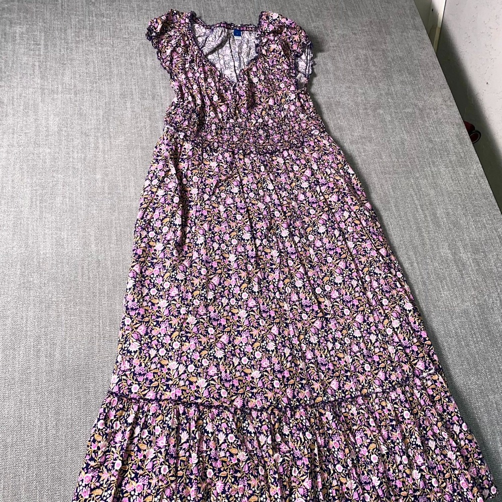 Old Navy Waist Defined Midi Dress Womens Large Multicolor Floral Smocked Bodice - Picture 5 of 13